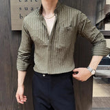 WIAOFELLAS  -  Spring Autumn Stretchable Men Shitrs Stand Collar Single-breasted Long Sleeve Men's Striped Shirt Fashion Handsome Streetwear