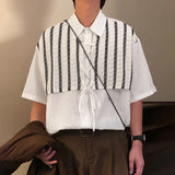 WIAOFELLAS  -  Men Shirt Lace Patchwork Pleated Lapel Short Sleeve Lace Up Men Clothing Summer Loose Streetwear Casual Male Shirts 2025