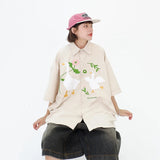 WIAOFELLAS  -  Men Shirt Summer Funny Plush White Goose Embroilery Short Sleeve Button Up Shirts HipHop Harajuku Casual Loose Streetwear Shirt