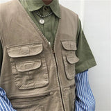WIAOFELLAS  -  Cargo High-end Vest Korean Style Streetwear Japanese Retro Functional Multi-pocket Work Solid Color Pocket Vest Jacket Aesthetic