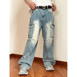 WIAOFELLAS  -  Washed Large Pocket Cargo Pants Men Fashionable Street Loose Straight Jeans Harajuku Style Hip Hop Trousers Men Jeans