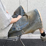 Wiaofellas  -  Retro Blue Washed Casual Shorts Men Loose Zipper Straight Old Jeans Waste Soil Wind Male Summer High Street 24X9022