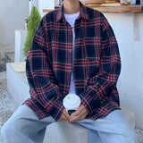Wiaofellas  -  Korean Fashion Plaid Long Sleeve Shirts For Men Autumn High Street Y2K Vintage Blouses Casual Baggy Button Up Tees Shirt