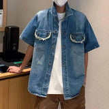 WIAOFELLAS  -  Denim Men's Shirt Solid Color Raw Edge Lapel Niche Design Short Sleeve Washing Clothing Single Breasted Male Tops