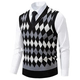 Wiaofellas  -  Men's Knitted Warm Sweater in Autumn and Winter V-neck Vest Diamond Grid Twisted Flower Casual Fashion Versatile Top