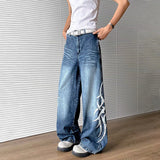 WIAOFELLAS  -  Vintage Summer Men's Irregular Striped Print High Street Denim Pants Fashion Casual Loose Wide Leg Jeans Male