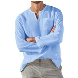 Wiaofellas  -  Men's Linen Shirt Solid Color Long Sleeve Breathable Tops V Neck Casual Blouse Hawaiian Shirt Loose Lightweight Shirts