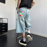 WIAOFELLAS  -  Fashion Men's Gradient Letter Print High Street Denim Shorts Vintage Wash Loose Straight Short Pant Male