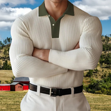 WIAOFELLAS  -  Stylish Men's Patchwork Polo Shirts Long Sleeve Buttoned Polo Neck Ribbed Tops Men 2025 Autumn Outdoor Casual Long Sleeve Polos