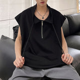 WIAOFELLAS  -  Drawstring Design Men's Tank Tops Lapel Solid Color Half Zipper Sleeveless Loose Male Pullover Vest Summer Menswear