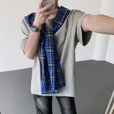 WIAOFELLAS  -  Fashion Men's Plaid Hooded Bandage design O-neck T-shirts Trendy Summer Casual Loose Short Sleeves Tops Male