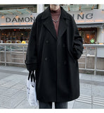 WIAOFELLAS  -  Korean Trend Men's Loose Casual Double-breasted Overcoat Autumn Winter Fashion New Long Sleeve Woolen Long Coat Cardigans Jacket