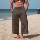 Wiaofellas  -  Men Casual Solid Color Cotton Linen Multi-Button Beach Pant Fashion Mid-Waist Loose Trouser Men Drawstring Pocket Wide-Leg Pants