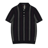 Wiaofellas  -  Stylish Slim Short Sleeve Knit Polo Shirt Men Summer Casual Breathable Hollow Out Polo Shirts Vintage Striped Crochet Polo Tops