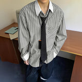 WIAOFELLAS  -  Men Shirt Striped Patchwork Lapel Long Sleeve Pockets Men Clothing Streetwear Loose Fashion Casual Tops Male Shirts