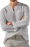 Wiaofellas  -  Men's Linen Shirt Solid Color Long Sleeve Breathable Tops V Neck Casual Blouse Hawaiian Shirt Loose Lightweight Shirts