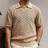 WIAOFELLAS  -  Men's Light Luxury Button-down Leisure Knitted Polo Shirt Retro Solid Hollow Out Short Sleeve Chic Fashion Man Jacquard Knitwear