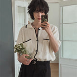 WIAOFELLAS  -  Trendy Men's Striped Pockets Texture Contrast Color Sweater Fashion Short Sleeves Lapel Pullover Male Summer