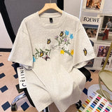 WIAOFELLAS  -  Short Sleeve T-Shirt Men Summer New Fashion Embroidery Shoulder round Neck Top Women Stylish Versatile Ins Crew Neck Tee