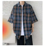 WIAOFELLAS  -  Trendy Vintage Men's Plaid Short Sleeved Casual Trousers Fashion Summer Single-breasted Turn-down Collar Shirts Male