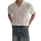 Wiaofellas  -  New Summer Men's Fashion Hollow Out Polo Shirt Casual Solid Color Half Sleeve High Quality Knitted T Shirt Loose Trendy Top