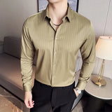WIAOFELLAS  -  Long-sleeved Striped Silk Shirts for Men High End British Style Slim Fit Men's Dress Shirt Lapel Business Formal Mens Clothing