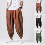Wiaofellas  -  Men's Olive Green Lantern Pants Summer Breathe Loose Fit Drawstring Waist Casual Pants Streetwear Harem Trousers