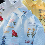 WIAOFELLAS  -  American Retro Waffle Colorful Floral Embroidered Shirt Men's Fashionable Short-sleeved Loose Lazy Style Casual Versatile Tops