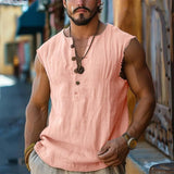 Wiaofellas  -  Men's Retro V-Neck Tank Top Summer Solid Color Casual Sleeveless Loose T-Shirt Outdoor Vacation Basic Top For Men