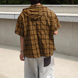 WIAOFELLAS  -  Men Plaid Shirt Hooded Short Sleeve Loose Casual Men Clothing Summer Korean Style Streetwear 2025 Male Shirts Tops S-5XL