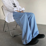 WIAOFELLAS  -  Korean light color vertical stripe pants patchwork checkered trousers couple casual grunge wide leg pants for outerwear