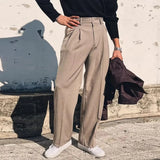 WIAOFELLAS  -  Mens Pants British Style Paris Buckle Business Casual Trousers Autumn Commuting Simple Solid Color Straight Pants Men'S Clothing