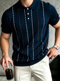 Wiaofellas  -  Daily Business Lapel Knitted Polo-shirts Mens Trendy Striped Hollow Out Short Sleeve Tops Men Summer Breath Knit Blouse
