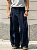 Wiaofellas  -  Men Neapolitan High Waist Double Pleat Straight Leg Suit Pants Stretch Elastic Waist Denim Daily Street Casual Trousers