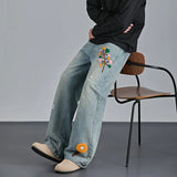 WIAOFELLAS  -  Design sense flower embroidery wash jeans men's spring straight pants couple loose American pants