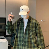 Wiaofellas  -  Trendy Harajuku Style Long Sleeve Plaid Shirt Men's Retro Casual Loose Versatile Color Block Casual Shirt Jacket for Teens