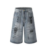 WIAOFELLAS  -  Pattern Printing Men's Denim Shorts American Style Casual Straight Leg Loose Contrast Color Streetwear Male Jeans