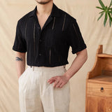WIAOFELLAS  -  Mens Shirt Hollow Breathable Casual Vacation Shirt Summer Fashion Plain Thin Beach Short-Sleeved Top Men'S Clothing 2025 New