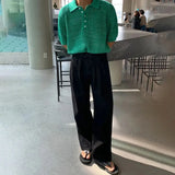 WIAOFELLAS  -  Mens Knit Polo Shirt Textured Weave Hollow Korean Niche Summer Short Sleeve Top Breathable Thin Relaxed Fit lapel Daily Mens Top