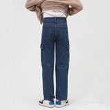 Wiaofellas  -  Mid-waist Retro Workwear Jeans Men's Loose Pockets Patchwork Straight Denim Long Pants  Spring New Trousers 2D1227