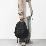 WIAOFELLAS  -  Solid Black Men's Backpacks Cool Streetwear Style Man Backpack Harajuku Large Capacity School Bags Waterproof Nylon Bags for Men