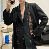 Wiaofellas  -  Mens See-Through Sexy Lace Splicing Suit Autumn Genderless Youth Trend Personality Retro Metal Chain Buckle Jacket Unisex