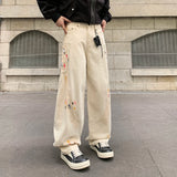 WIAOFELLAS  -  New trendy loose straight tube printed off white washed denim jeans