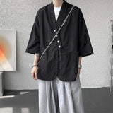 WIAOFELLAS  -  Niche Design Men's Shirts V-neck Solid Color Button Desig Ice Silk Big Pocket Casual Male Tops Summer Menswear