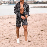 Wiaofellas - Summer Newest Men 2 Piece Suit Clothing Long-sleeved Printed Shirts Top With Casual Shorts Fashion Male  Beach Wear Loose Outfit