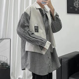 WIAOFELLAS  -  Fake Two-piece Plaid Spliced   long-sleeved Shirt Loose Design Men's Casual Hong Kong Style Jacket Spring and Autumn New Style