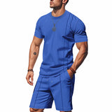 Wiaofellas  -  Men's Waffle Knit 2 Piece Outfits Casual Short Sleeve T Shirt and Shorts Set