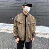 WIAOFELLAS  -  Streetwear Cleanfit Stand Windbreaker Corduroy Jacket for Men Front Pockets Solid Casual Loose Outwear Coat Oversized