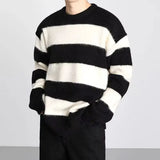 WIAOFELLAS  -  American Retro round Ne f High Collar Striped Sweater Knitted Heavyweight Autumn Winter Casual Loose Fit Long Sve