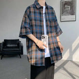 WIAOFELLAS  -  Trendy Vintage Men's Plaid Short Sleeved Casual Trousers Fashion Summer Single-breasted Turn-down Collar Shirts Male